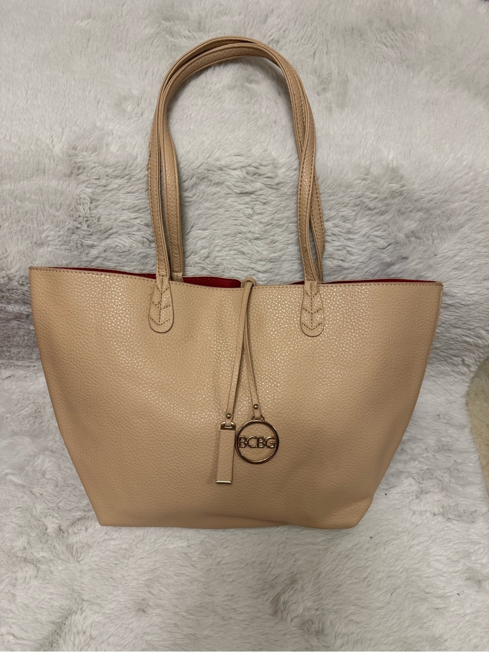 BCBG Paris Beige Reversible Tote with Red Interior